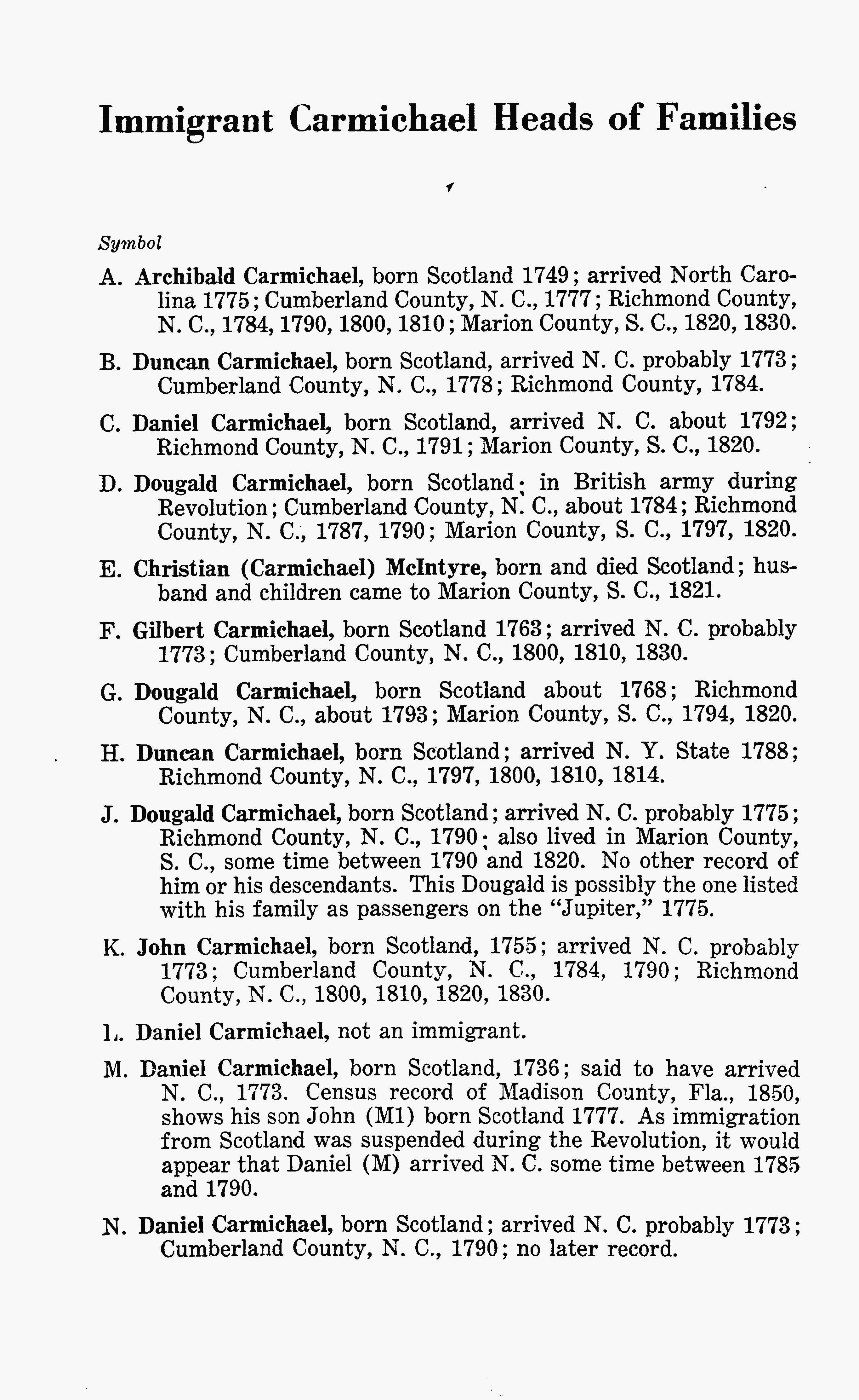 Scottish Highlanders of the Carolinas - index to immigrants, Linked To: <a href='profiles/i15683.html' >John `Ban` Carmichael (K)</a> and <a href='profiles/i15674.html' >Duncan Carmichael (H) 🧬</a> and <a href='profiles/i15462.html' >Dougald Carmichael (D) 🧬</a> and <a href='profiles/i15447.html' >Gilbert Carmichael (F) 🧬</a>